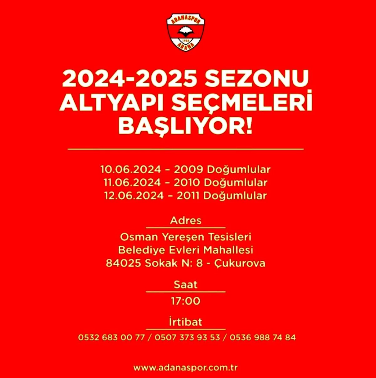 Adanaspor’da 2024-2025 sezonu altyapı seçmeleri başlıyor